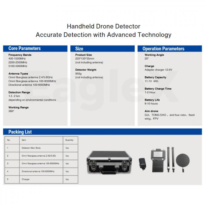 دستگاه دستي 3000 متر FPV DJI Drone Detector 400MHz 2.4GHz 5.2G 0